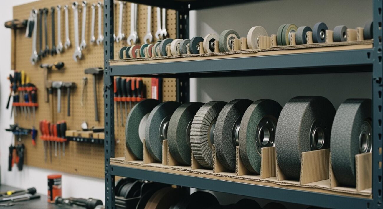 How should grinding wheels be stored?