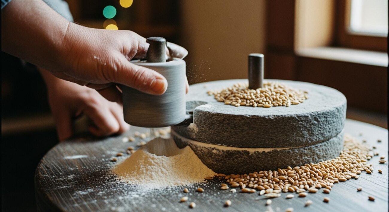 Which stone is used to grind grains?