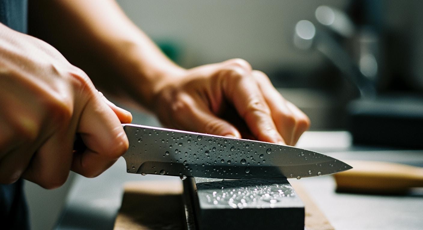 How do you sharpen a knife with a grinding stone?